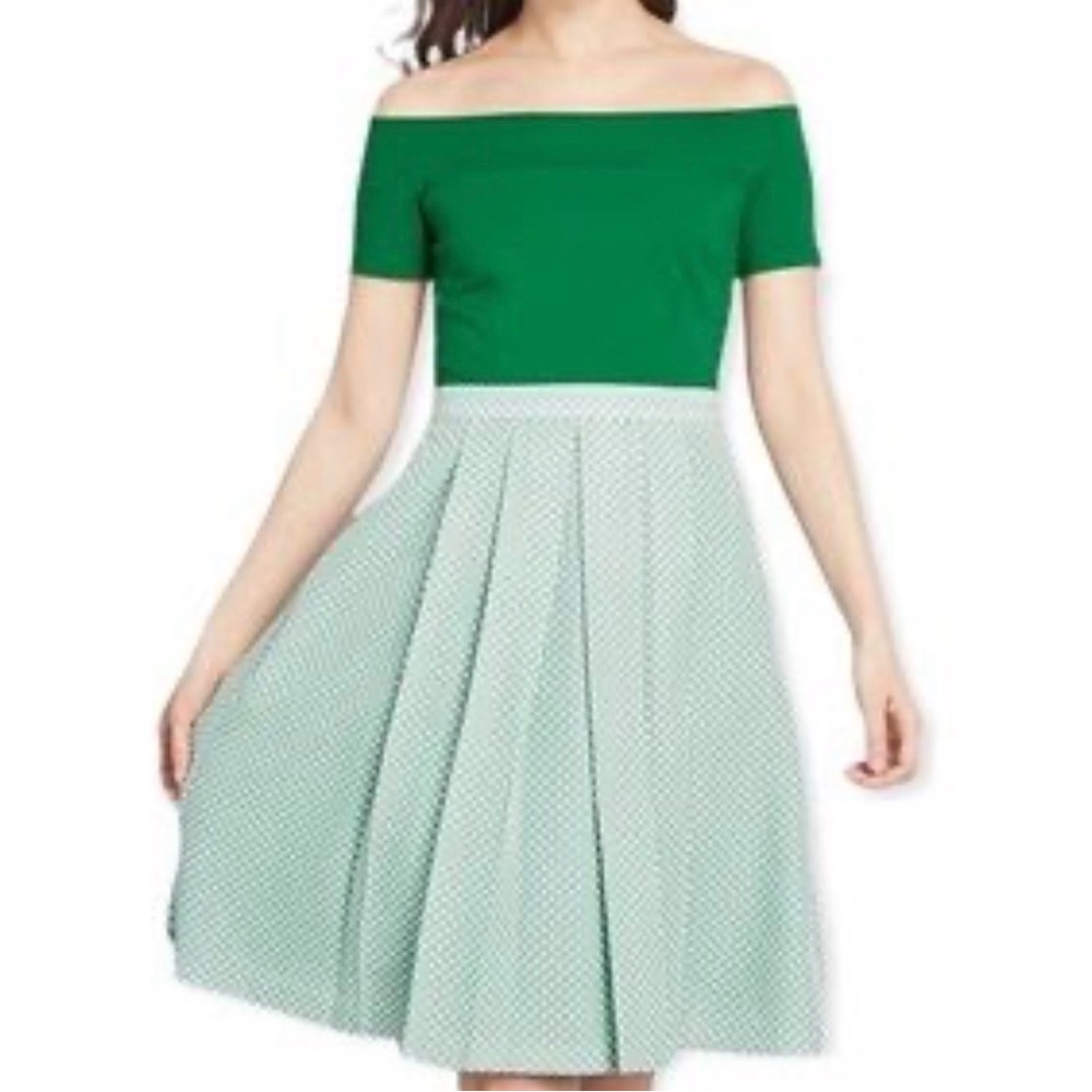 Modcloth Green Mini Dress off shoulder retro tradwife cottage XL pleated 50s